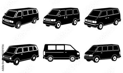 Six Black Minivans in Different Angles on White Background transportation vehicle