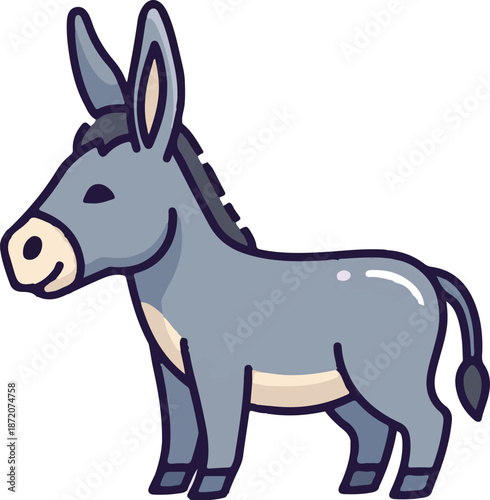A cute cartoon donkey, grey with a light beige belly and muzzle, standing sideways