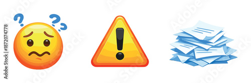Confused emoji warning sign piles of paper stress concept