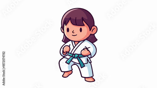 A cute cartoon child in a karate uniform with a green belt stands ready