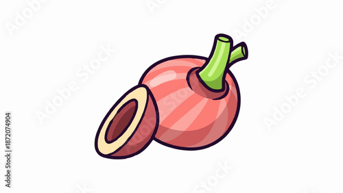 A cut red onion with green sprouts, rendered in a simplified cartoon style