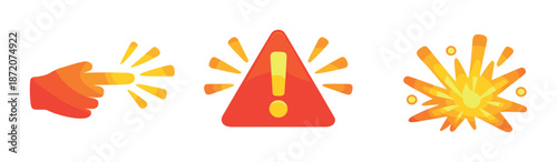 Warning symbol with explosive effects and cautionary icons