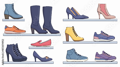 A curated collection of diverse footwear displayed on shelves