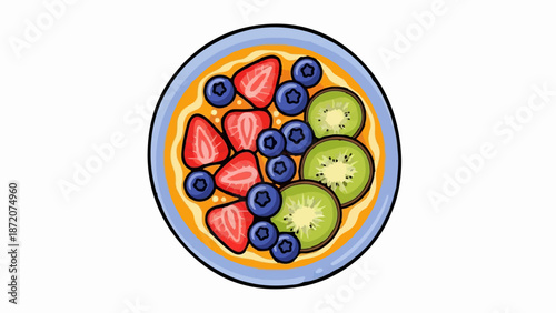 A colorful dish with sliced strawberries, blueberries, and kiwi fruit arranged on a light orange base in a blue bowl