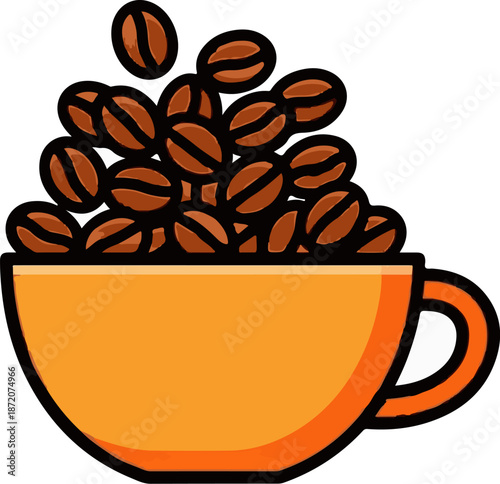 A cup overflowing with coffee beans, some spilling out