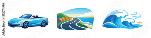 Blue convertible and coastal landscape with ocean waves in gradient design