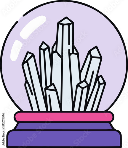 A crystal ball with a cluster of clear quartz crystals inside sits on a decorative base