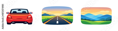 Vibrant car journey landscape with mountains and open road