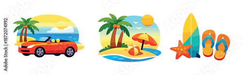 Summer vacation icons: car, beach scene, surfboard, flip flops