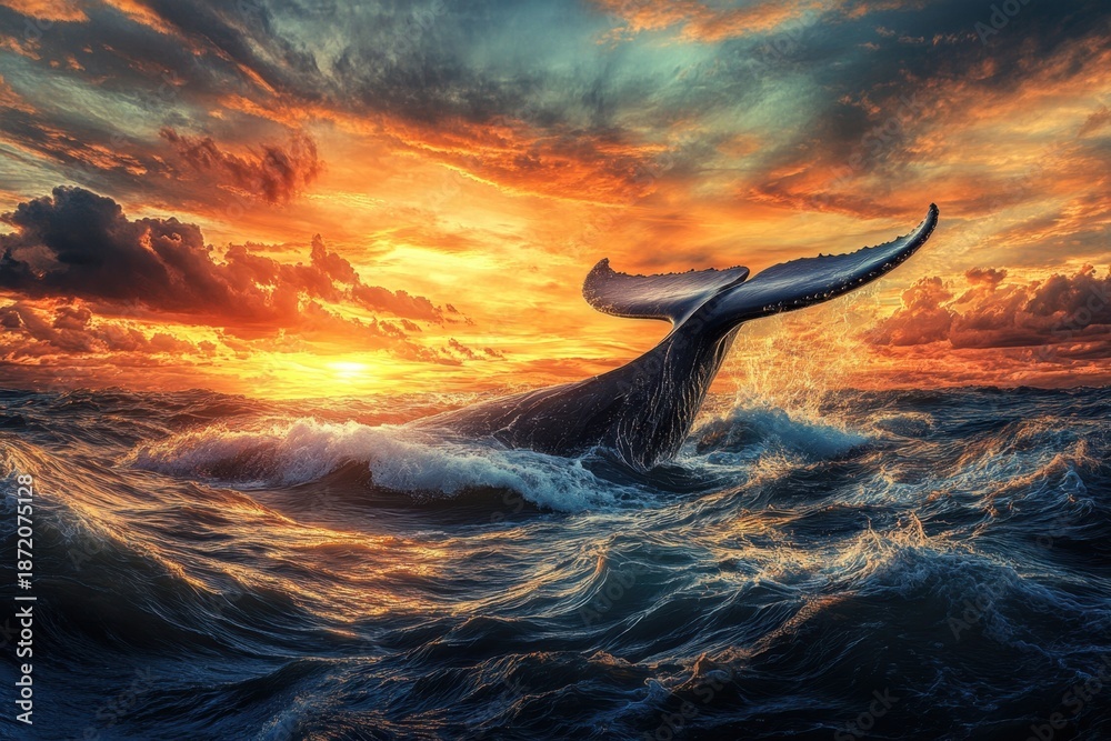 Fototapeta premium Whale breaches the surface against a vibrant sunset sky in the ocean