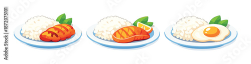 Cartoon rice dishes with shrimp, salmon, and egg on plates