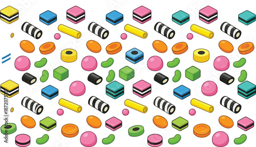 Colorful candy assortment vector, jelly beans, striped sweets, layered treats, vibrant confectionery, playful dessert icons, sweet snack design