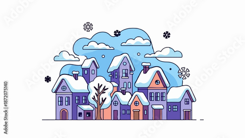 A cozy winter village scene with snow-covered houses and falling snowflakes