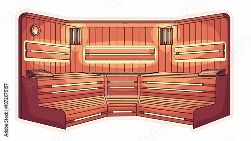 A cozy, warm wooden sauna interior with tiered benches and soft lighting, creating a relaxing atmosphere