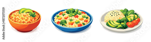 Assorted healthy bowls: vibrant vegetable and grain dishes in colorful bowls