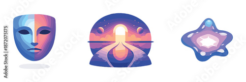 Surreal symmetry: mask, celestial path, and glowing star on gradient background
