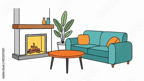 A cozy living room scene features a teal sofa, a coffee table, and a fireplace