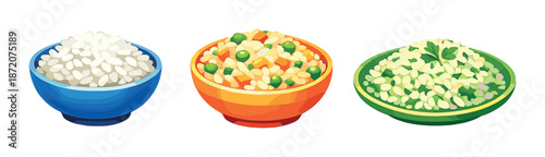Colorful bowls of rice varieties with peas and herbs