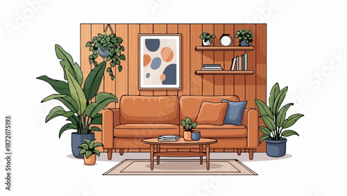 A cozy living room scene with a plush orange couch, artwork, shelves, and lush green plants