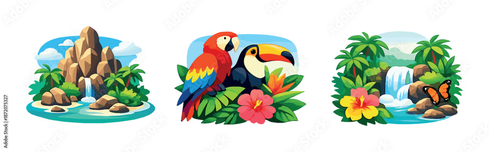 Fototapeta premium Tropical paradise with vibrant parrot, toucan, and serene waterfall scenery
