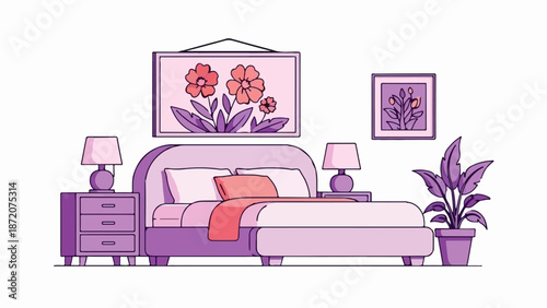 A cozy bedroom scene with a bed, nightstands, lamps, art, and a plant