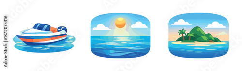 Colorful boat, ocean, and island vector icons on black background