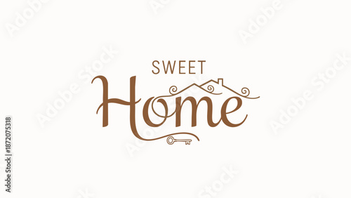 Stylish and warm 'Sweet Home' logotype, blending elegant handwritten script with an integrated house roofline and a vintage key icon, perfect for real estate, residential, or cozy home branding