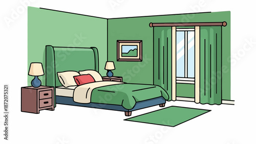 A cozy bedroom scene with a green bed, nightstand with lamp, and window with curtains