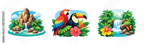 Tropical paradise with vibrant parrot, toucan, and serene waterfall scenery