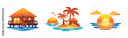 Tropical island sunset scene with hut and palm trees