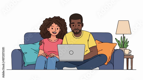 A couple relax on a sofa using a laptop, with a lamp and plant nearby
