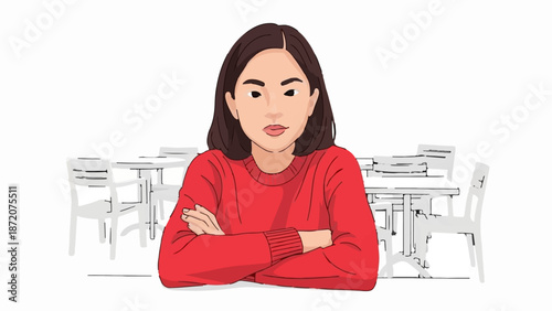 A girl in a red sweater sits with arms crossed at a table with chairs
