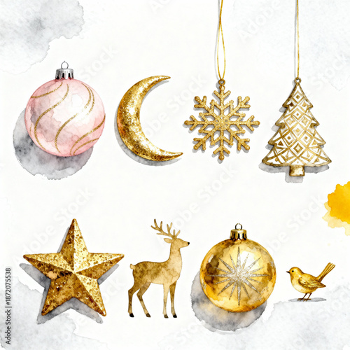 Golden Christmas Ornaments: A charming array of shimmering gold and pastel ornaments evokes the magic and joy of the festive season.