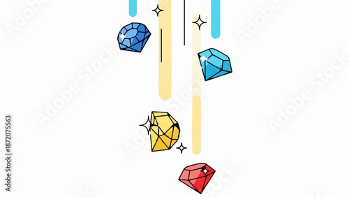 A colorful cascade of sparkling gems descends against a white background