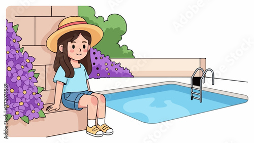 A girl in a straw hat sits by a pool with purple flowers and green bushes