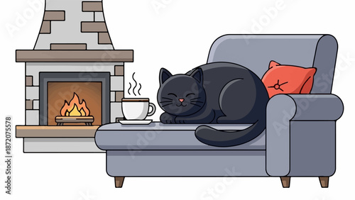 A contented black cat naps on a cozy sofa next to a steaming cup of coffee by a warm fireplace