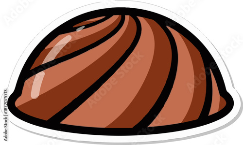 A glossy, swirl-patterned, dark brown, rounded object with black outlines, set against a white background