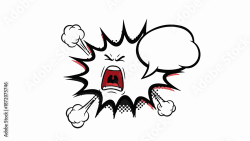 A comic-style explosion features an angry face and a speech bubble