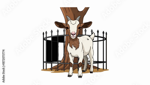 A goat stands behind a black metal fence, beside a tree