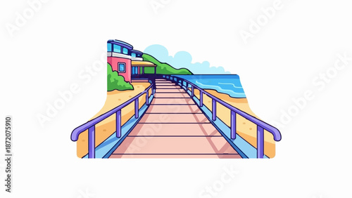 A colorful, stylized pier leads to beachside buildings overlooking the ocean