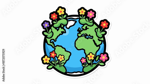 A colorful cartoon planet with blooming flowers and green vines