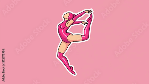 A dynamic illustration of a female gymnast in a vibrant pink leotard performing a graceful split