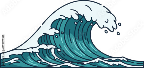 A dynamic, stylized ocean wave crashes with white foam against a plain background