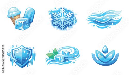 Ice-themed icons: ice cream, snowflake, water, shield, leaf, lotus