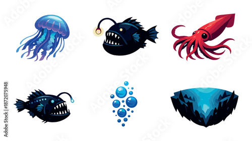 Deep sea creatures: anglerfish, jellyfish, squid, and bubbles in a dark ocean scene