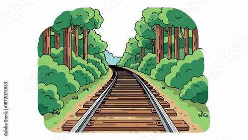 A colorful cartoon of railroad tracks curving through a lush green forest