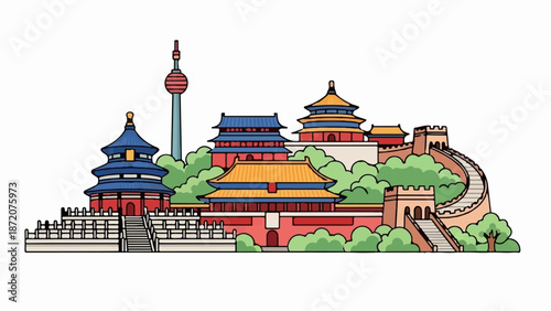 A colorful, stylized illustration of iconic Asian landmarks, featuring ancient temples and a historic wall