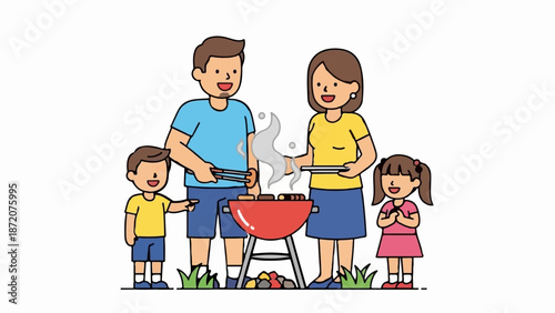 A family enjoys a sunny day barbecue, with parents grilling and children watching