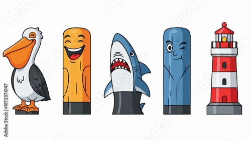 A colorful cartoon depiction of five distinct characters a pelican, an orange character, a shark, a blue character, and a lighthouse