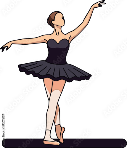 A graceful dancer in a black tutu performs an elegant pose, embodying poise and movement